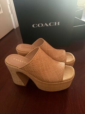 COACH Tan Woven Platform Mule Sandals